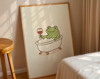 Impresión de rana linda en una bañera • Arte divertido para la pared del baño • Impresión moderna de autocuidado animal • Rana bebiendo vino • Decoración de ducha estilo cottagecore