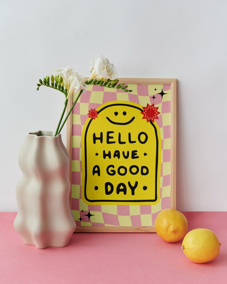 Have a Good Day Print • Pink Checkered Poster With Smiley Face • Retro ...
