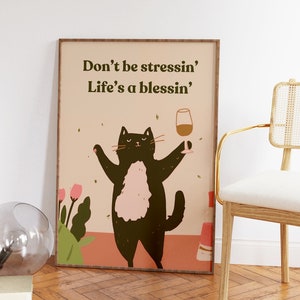 Arte de pared divertido con gatos • Impresión de gatos haciendo cosas • Impresión retro de gatitos de moda de los años 70 • Póster con cita sobre salud mental • Arte de pared divertido y lindo en negro