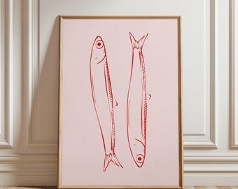 Czerwone różowe sardynki ryby wydruki • Śródziemnomorski plakat retro do kuchni • Wydruk w stylu vintage • Estetyczna sztuka ścienna do kuchni • Minimalistyczna sztuka owoców morza