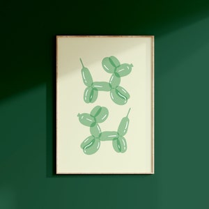 Stampa cane palloncino verde • Stampe di animali carini • Arte da parete retrò • Arte cane palloncino stile 3D • Decorazione dormitorio preppy • Poster eclettico femminile