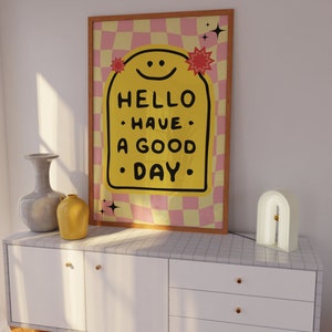 Have a Good Day Print • Pink Checkered Poster With Smiley Face • Retro ...