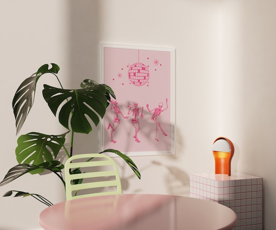 Disco Dancing Skeletons Print • Halloween Funny Aesthetic Print • Funky 70s Living Room Decor • Blush Pink Girly Dorm Room Decor Digital Art