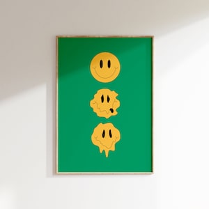 Trippy Smiley Print • Gelb schmelzende Smileys Kunstdruck • Acid Funky Smiley Wandkunst • Retro Grünes ästhetisches Lächeln