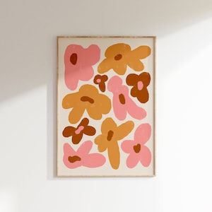 Retro Groovy Flowers Print • Pink Orange Brown Floral Poster • Funky Wall Art • Cute Girly Decor For Living Room • Retro Digital Wall Art