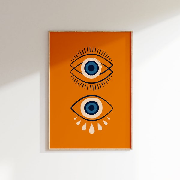 Groovy Evil Eye Wandkunst • Schutz Poster • Orange Retro Maximalist Wandkunst • Preppy Wanddekoration für Wohnzimmer, Wohnheim