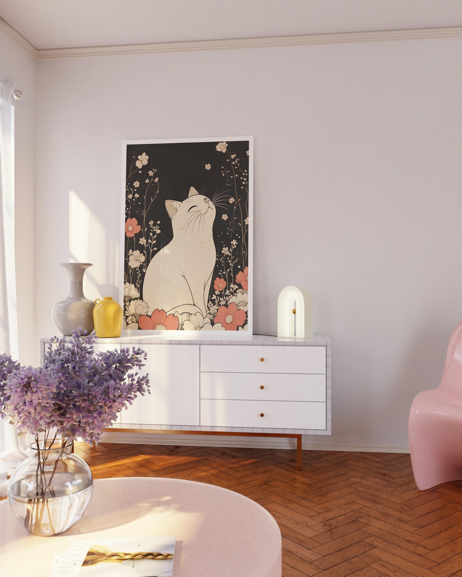 White Cat in Japanese Floral Wall Art • Cute Anime Wall Art • Cat Lover ...