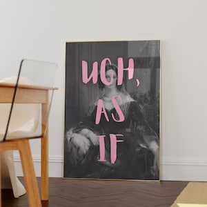 Puede incluir: Un retrato en blanco y negro de una mujer con un vestido y un velo con el texto "UGH, AS IF" en letras rosas.