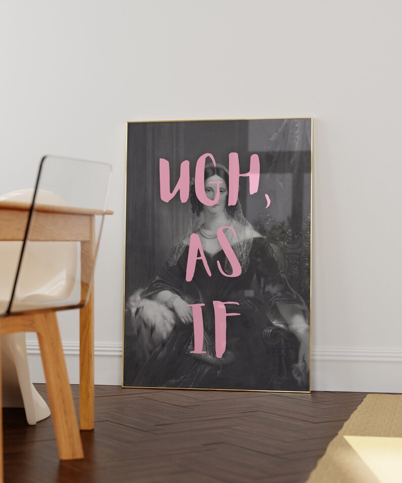 Puede incluir: Un retrato en blanco y negro de una mujer con un vestido y un velo con el texto "UGH, AS IF" en letras rosas.