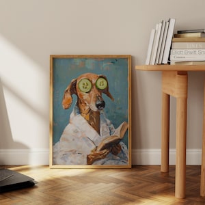 Reading Dachshund Portrait Digital Painting • Dog Spa Day Art • Funny Animal Lover Gift Poster • Cute Dog Wall Art, Reading Nook Decor