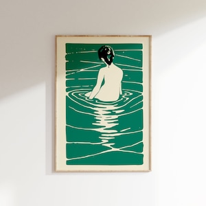 Retro Woman In River Wall Art Print • 70s 80s Green Beige Poster • Female Body Print • Living Room Decor • Large Printable Art