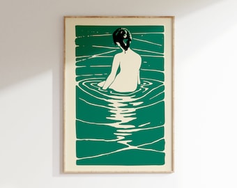 Retro Woman In River Wall Art Print • 70s 80s Green Beige Poster • Female Body Print • Living Room Decor • Large Printable Art