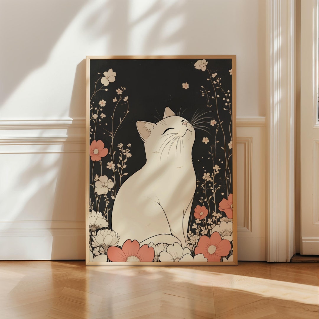 White Cat in Japanese Floral Wall Art • Cute Anime Wall Art • Cat Lover ...
