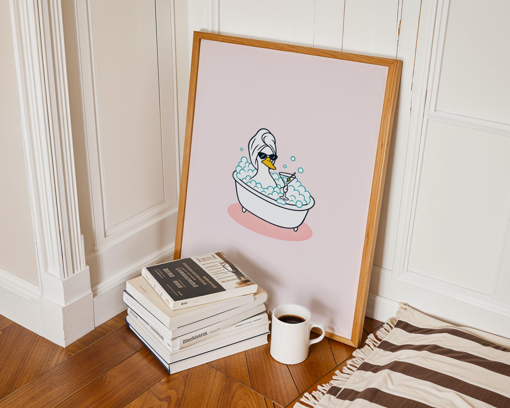 Duck in Bath Tub Print • Trendy Pink Bathroom Wall Art • Funny Goose ...