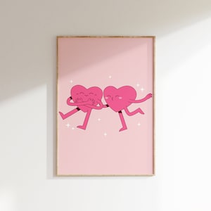 Impresión rosada de corazones animados • Impresiones lindas de color rosa fuerte • Decoración de pared preppy retro • Arte de pared rosa rubor para adolescentes • Descarga digital