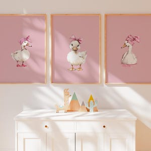 Set of 3 Baby Girl Nursery Duck Print • Girl's Room Printable Digital Art • Cute Nursery Wall Art • Duck Kid's Wall Art • Pink Preppy Decor