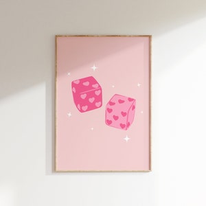 Pink Lucky Dice Hearts Print • Blush Pink Retro Posters • Arte estético de Lucky Dice • Estampados de color rosa preppy • Linda decoración de sala de estar/dormitorio