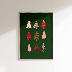 Funky Christmas Trees Print • Grünes Retro Weihnachten Wanddekor • Winter Groovy Pine Bäume Buntes Feiertags Poster • Festliches Wohndekor Ästhetisch