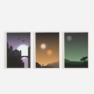 Star wars planet posters - set of 3, minimalistic poster trio, star wars galaxy, digital print, Tatooine, Naboo, Endor, death star, twin sun