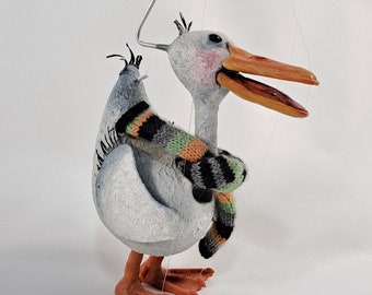 Títere pato, hecho a mano en papel maché, madera, y arcilla polimérica, animación y teatro, el patito feo