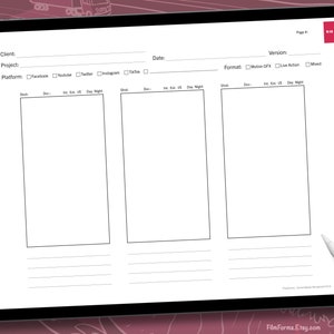 May include: A printable fillable form for planning and organizing social media content. The form includes sections for client, project, platform, shot, duration, interior/exterior, day/night, and format. The form is designed for use with a tablet or computer.