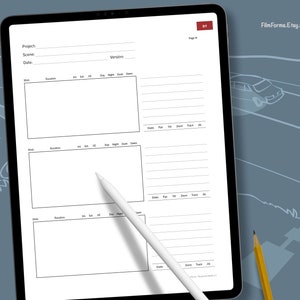 Peut inclure: Une tablette numérique affichant un modèle de storyboard de film vierge avec des champs pour le numéro de plan, la durée, intérieur/extérieur, grand angle/moyen/gros plan, jour/nuit et mouvement de caméra. Le modèle est à la page 4 sur 21.