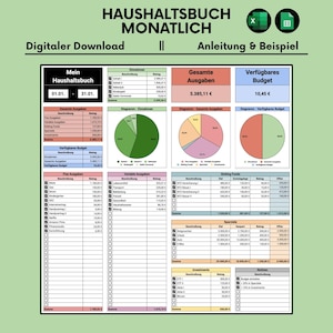 Monatliches Haushaltsbuch | Vorlage | Microsoft Excel | Google Sheets | Spreadsheet | Digital | Deutsch | Euro | Budgetplaner | Finanzplaner