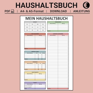 Könnte beinhalten: Ein druckbarer Haushaltsplaner im PDF-Format mit dem Titel "Mein Haushaltsbuch". Der Planer enthält Abschnitte für monatliche Einnahmen, feste Ausgaben, variable Ausgaben, Sparfonds, Ersparnisse, Investitionen und eine Bilanz.