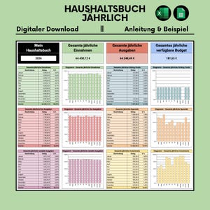 Haushaltsbuch | Vorlage | Microsoft Excel | Google Sheets | Spreadsheet | Jährlich | Digital | Deutsch | Euro | Budgetplaner | Finanzplaner
