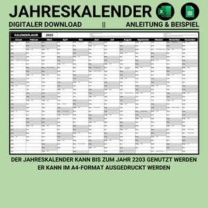 Könnte beinhalten: Ein schwarz-weißer druckbarer Kalender für das Jahr 2025. Der Kalender ist so konzipiert, dass er bis zum Jahr 2203 verwendet werden kann. Der Text "JAHRESKALENDER" befindet sich oben auf dem Kalender, und der Text "DIGITALER DOWNLOAD" befindet sich darunter. Der Text "KALENDERJAHR 2025" befindet sich oben auf dem Kalenderraster. Das Kalenderraster umfasst die Monate Januar bis Dezember. Der Text "DER JAHRESKALENDER KANN BIS ZUM JAHR 2203 GENUTZT WERDEN" befindet sich unten auf dem Kalender. Der Text "ER KANN IM A4-FORMAT AUSGEDRUCKT WERDEN" befindet sich darunter.