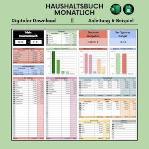 Monatliches Haushaltsbuch | Vorlage | Microsoft Excel | Google Sheets | Spreadsheet | Digital | Deutsch | Euro | Budgetplaner | Finanzplaner