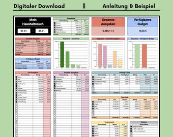 Monatliches Haushaltsbuch | Vorlage | Microsoft Excel | Google Sheets | Spreadsheet | Digital | Deutsch | Euro | Budgetplaner | Finanzplaner