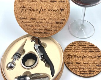 Wine Lover gift set | It&#39;s Time For Wine Wine Accessories set | Cork Screw and Wine Lover Accessories in a Cork Engraved Gift Box
