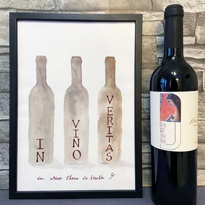 Wine Art Painted With Real Wine Varieties Calligraphy Original Wine Watercolor Artwork, 12x8in, signed by author In vino veritas