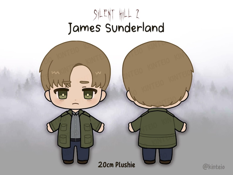 Op de afbeelding: Een pluche speelgoed van James Sunderland uit het videospel Silent Hill 2. Het speelgoed is 20 cm hoog en heeft een groene jas, een blauwe spijkerbroek en bruin haar. Het speelgoed wordt van voren en achteren getoond.
