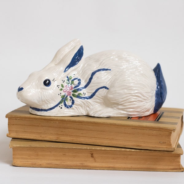 vintage ceramic bunny blue and white pottery sculpture unique hand crafted clay art easter basket finds spring table decor painted flowers