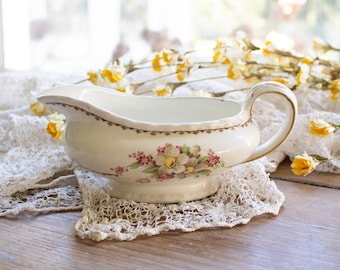 Vintage Myott England Gravy Boat: Staffordshire, Floral Bouquet Transfer, White China with Gold and Black Trim, 7.5-Inch