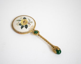 Limoges France vanity mirror painted porcelain hand mirror for her pocket size french antique ormolu filigree gold and green emerald stone