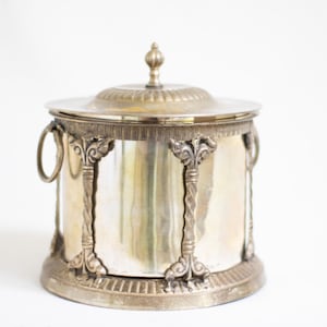 brass lidded biscuit box ice bucket ornate etched canister double ring handles removeable brass insert vintage accent storage barware decor