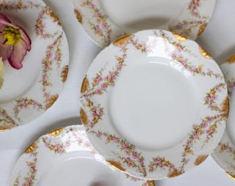 antique French Haviland Limoges dessert plates pink rose garland & gold trim fine porcelain china elegant vintage tableware tea party decor