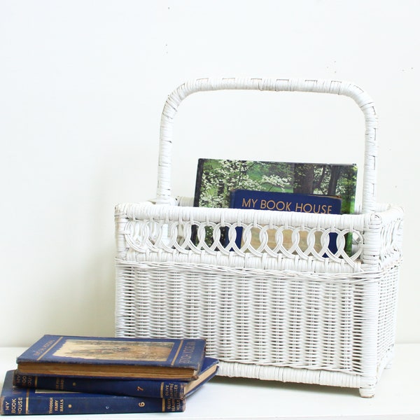 vintage wicker magazine rack, record storage, wicker storage basket, magazine holder, vinyl record holder, antique white wicker