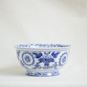 large blue and white chinoiserie bowl Asian floral porcelain centerpiece vintage decorative planter or fruit bowl oriental transferware