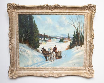 Vintage Winter Oil Painting Sleigh Ride Rustic Snowy Landscape Art in Ornate Frame Cabin Wall Decor