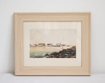 vintage 1950s watercolor coastal painting New England rocky shore beach scene rustic framed and matted seascape art nautical wall decor