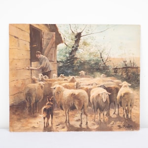 shepherd and flock lithograph by Ter Meulen 1900s antique Dutch pastoral sheep print signed vintage art unframed farmhouse decor