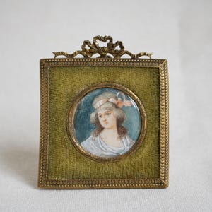 antique 1800s French cameo portrait Marie Antoinette Era signed artwork brass velvet frame from France miniature portrait of beautiful lady