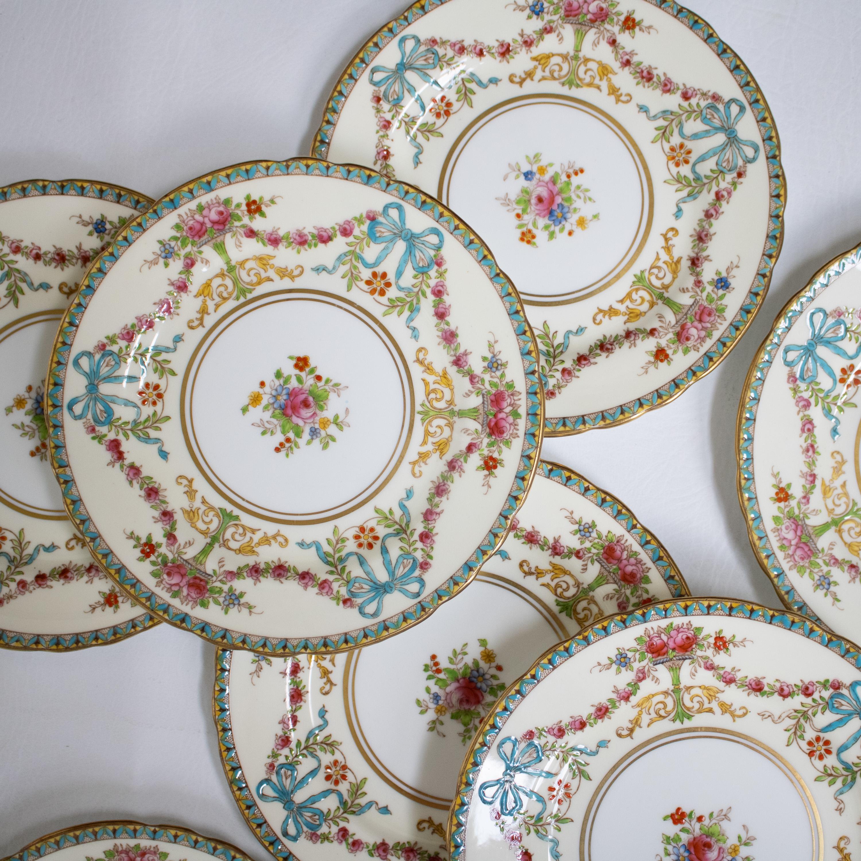 vintage English China dessert plates John Ansley & Sons Rosedale design feminine floral and blue bow motif for collectors and wall display