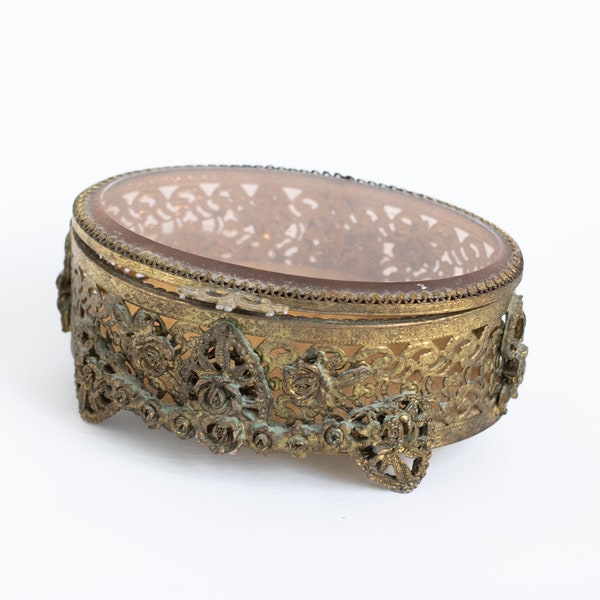 brass ormolu jewelry box vintage amber glass trinket keeper rococo gold french antique velvet peach cushion embossed metal floral rose gold