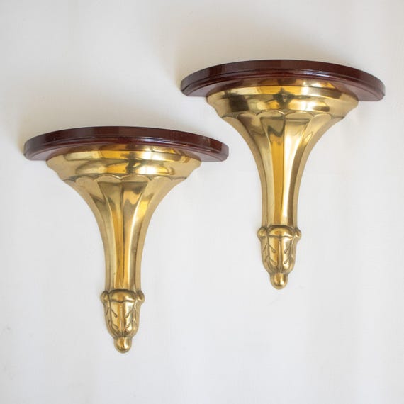 vintage brass wall sconce shelves Hollywood regency floating display ornate gold accent decor