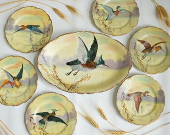 Limoges France bird game set signed Rene LDBC limoges plates porcelain hunting birds platter French flambeau rare hand painted Rene Frugier